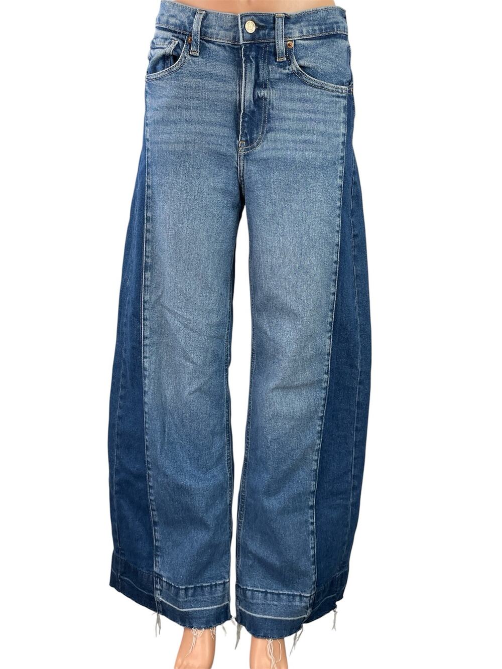 Gap High Rise Striped Blue Two Tone Raw Hem Wide Leg Baggy Denim Jeans Pants 26